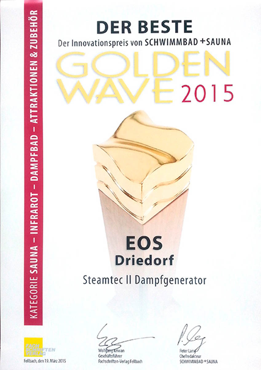 Сертификат Golden Wave за парогенератор для хамама EOS SteamTec II